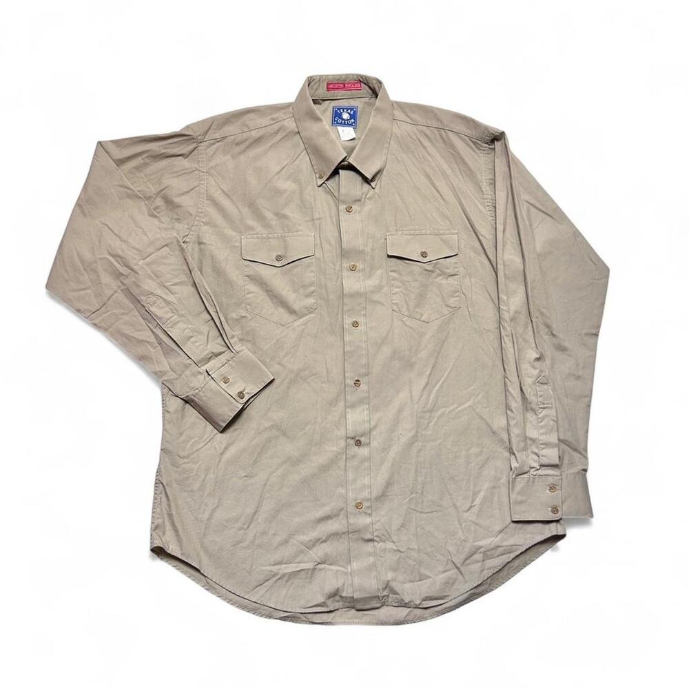Texas Cotton Vintage USA made Western Khaki Cotton Button Rancher Shirt XL 17x35